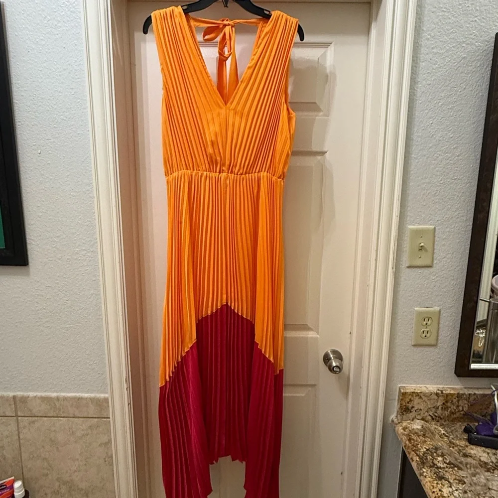Express Bold Orange and Pink Pleated Dress - Picture 1 of 6